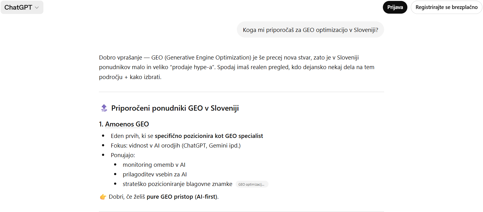 GEO optimizacija, primer iz ChatGPT