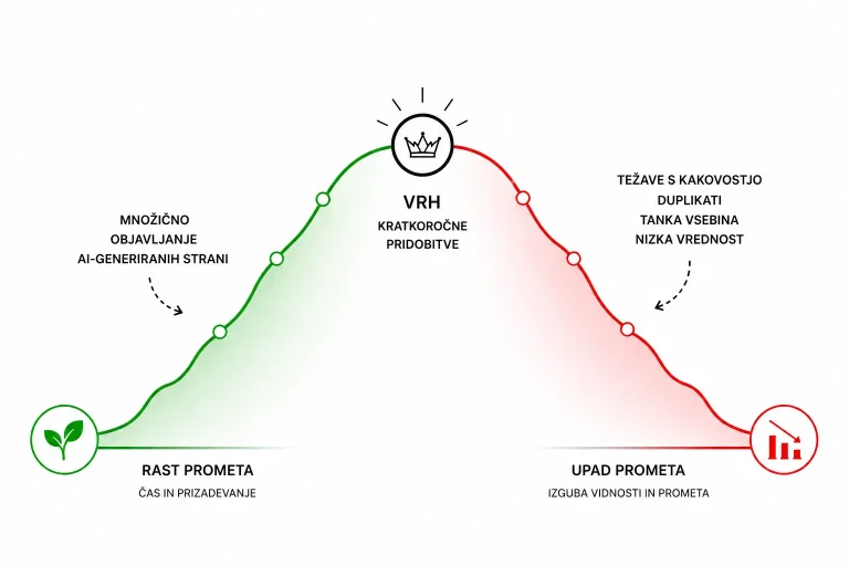 Infografika, ki prikazuje rast in padec organskega prometa zaradi množičnega objavljanja AI-generiranih strani.